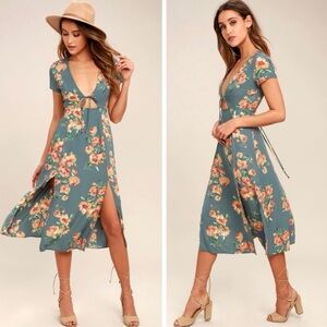 Lulu's  Best Day of my Life Teal Floral Midi Dress, keyhole short sleeves